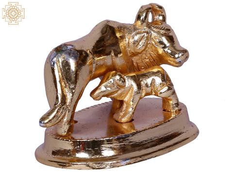 1" Mother Cow with Calf on Throne | Gold Plated Brass Statue