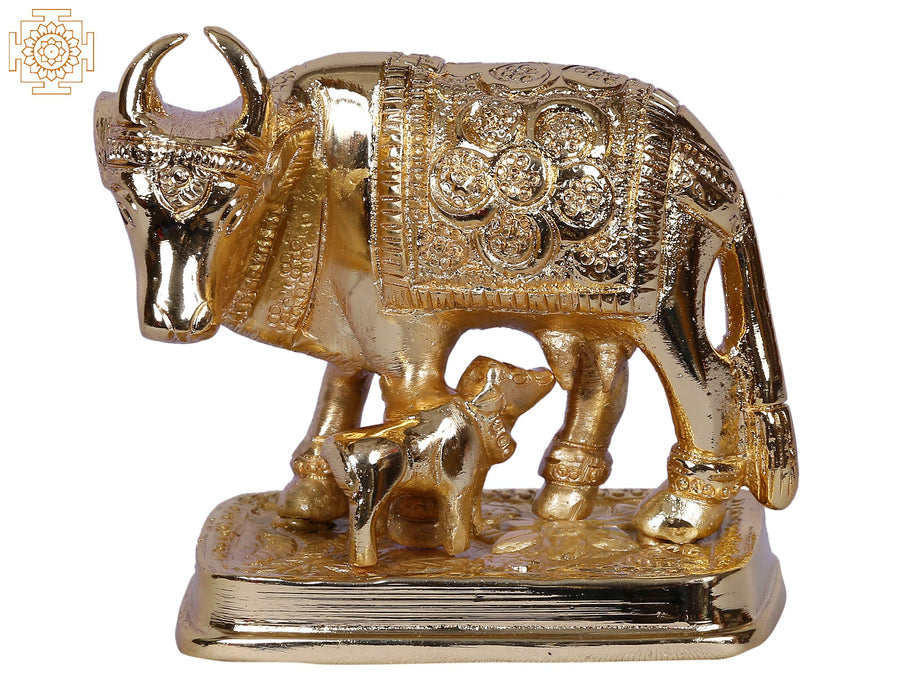 3" Mother Cow with Calf Gold-Plated Brass Idol