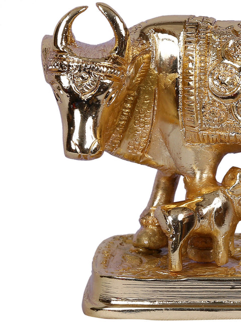 3" Mother Cow with Calf Idol | Decorated Gold-Plated Brass Statue