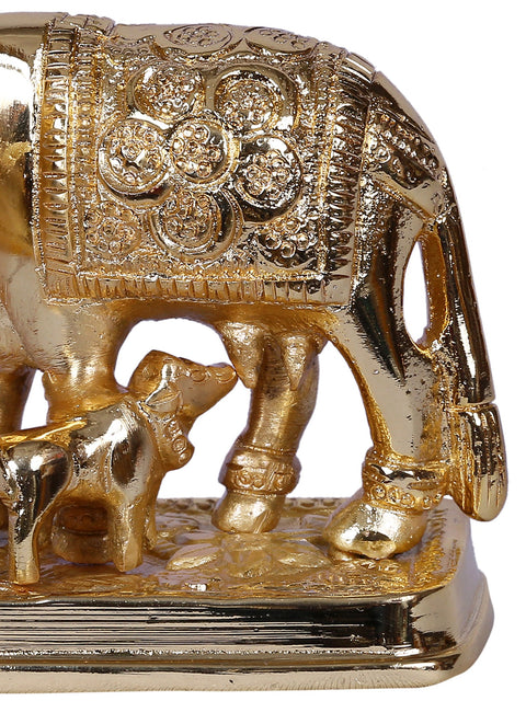 3" Mother Cow with Calf Idol | Decorated Gold-Plated Brass Statue