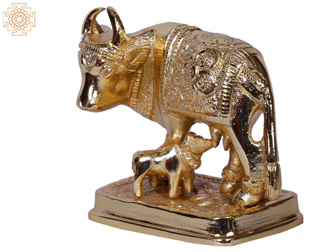 3" Mother Cow with Calf Idol | Decorated Gold-Plated Brass Statue
