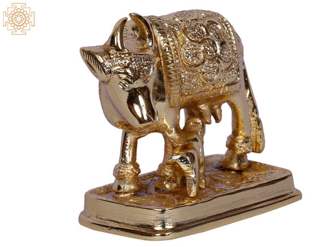 3" Mother Cow with Calf Idol | Decorated Gold-Plated Brass Statue
