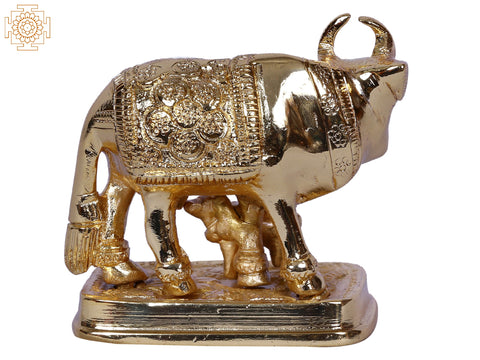 3" Mother Cow with Calf Idol | Decorated Gold-Plated Brass Statue