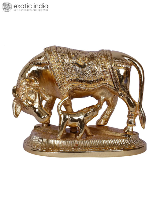 4" Mother Cow With Calf Gold Plated Brass Statue