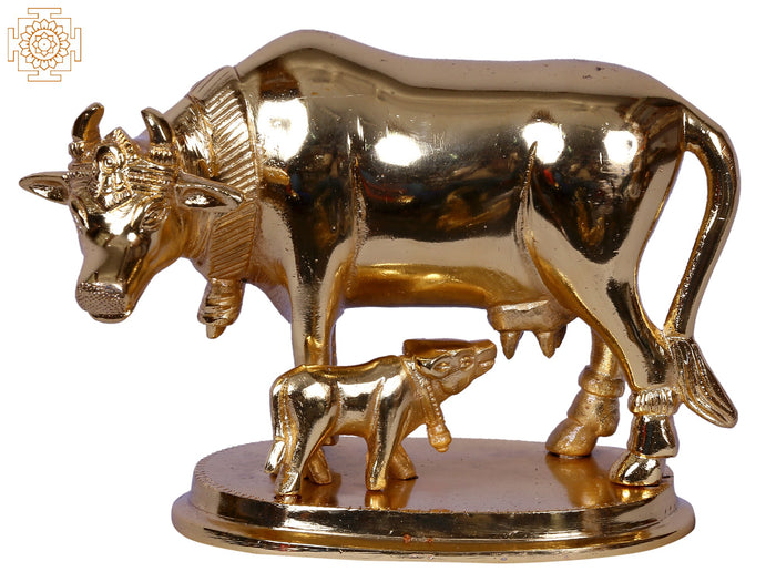 5" Mother Cow With Calf Gold Plated Brass Statue