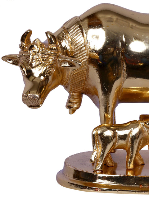 5" Mother Cow With Calf | Gold Plated Brass Statue