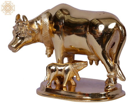 5" Mother Cow With Calf | Gold Plated Brass Statue
