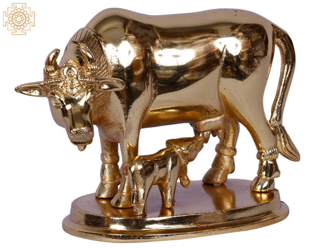 5" Mother Cow With Calf | Gold Plated Brass Statue
