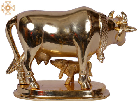 5" Mother Cow With Calf | Gold Plated Brass Statue