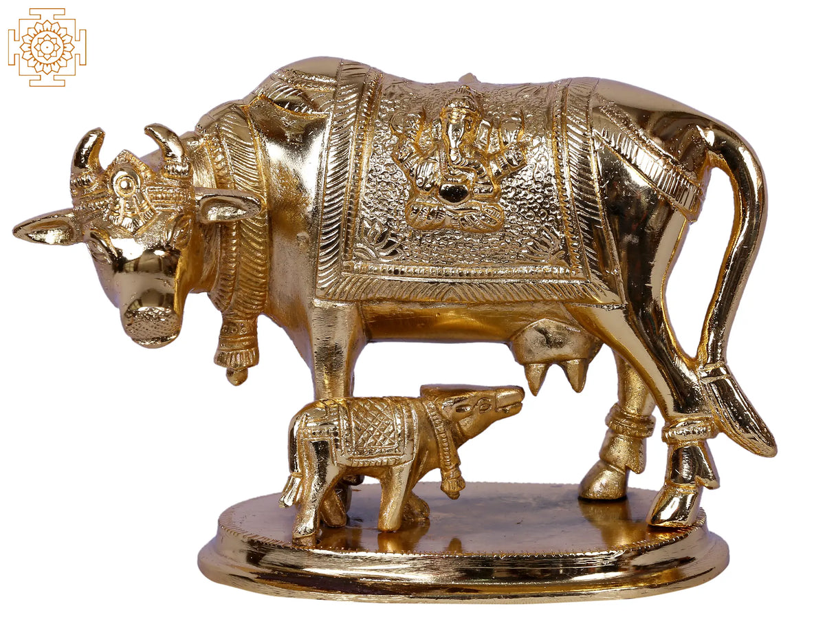 5" Mother Cow with Calf | Decorated Gold Plated Brass Statue
