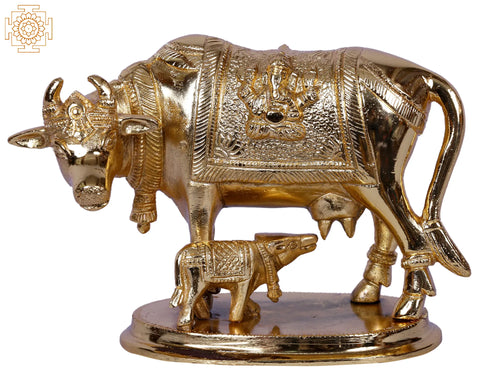 5" Mother Cow with Calf Gold Plated Brass Statue