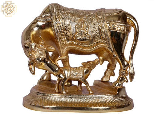 8" Mother Cow with Calf Gold Plated Brass Statue