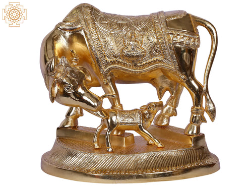 9" Mother Cow With Calf Gold Plated Brass Statue
