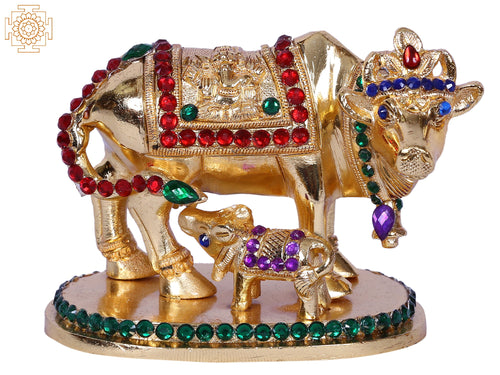 2" Mother Cow With Calf Gold Plated Brass Statue