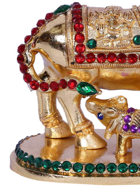 2" Mother Cow With Calf | Stone Decorated Gold Plated Brass Statue
