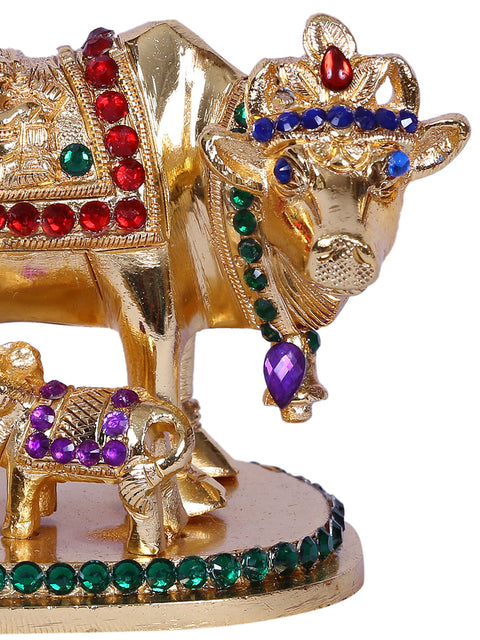 2" Mother Cow With Calf | Stone Decorated Gold Plated Brass Statue