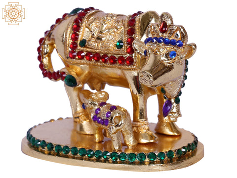 2" Mother Cow With Calf | Stone Decorated Gold Plated Brass Statue