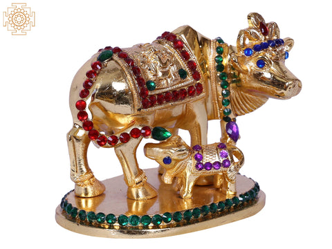 2" Mother Cow With Calf | Stone Decorated Gold Plated Brass Statue