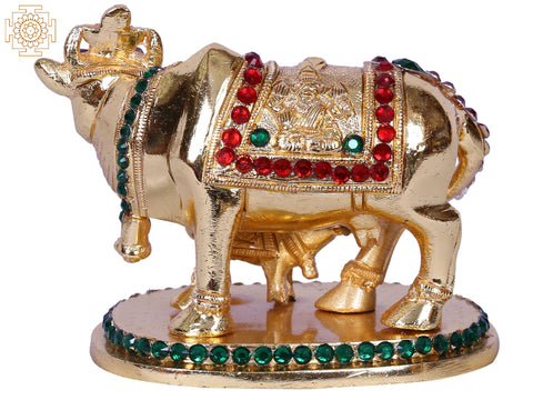 2" Mother Cow With Calf | Stone Decorated Gold Plated Brass Statue