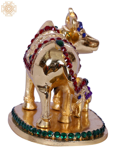 2" Mother Cow With Calf | Stone Decorated Gold Plated Brass Statue