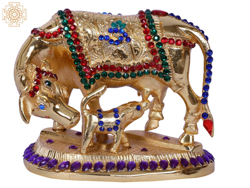 4" Mother Cow With Calf Gold Plated Brass Statue