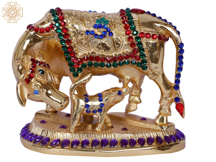 4" Mother Cow With Calf Gold Plated Brass Statue