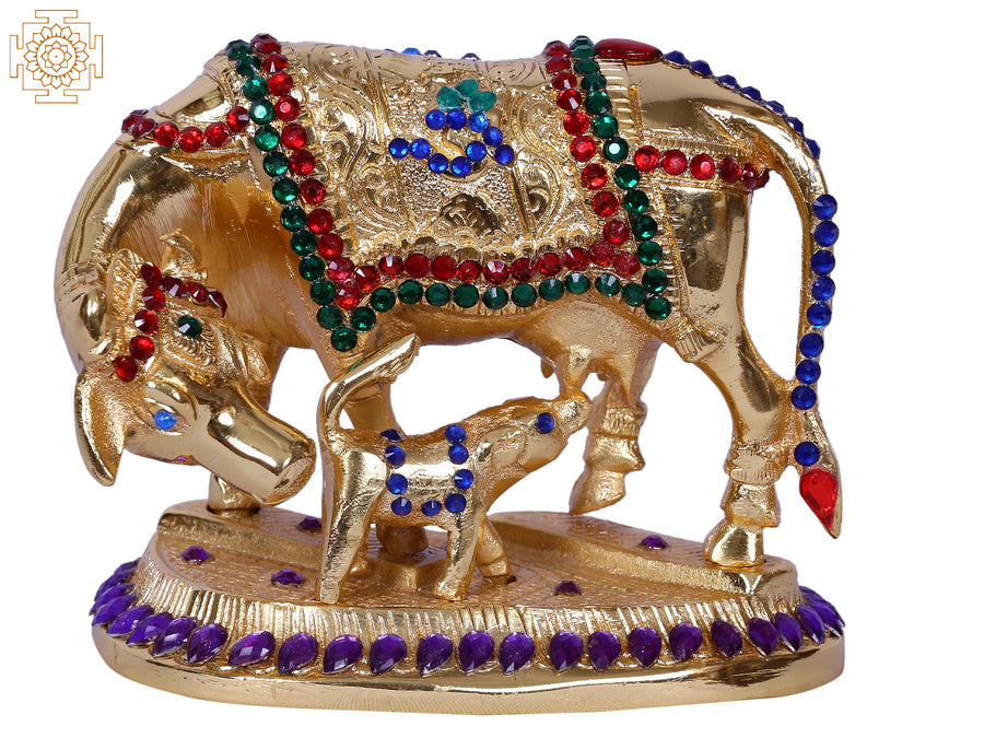 4" Mother Cow With Calf Gold Plated Brass Statue
