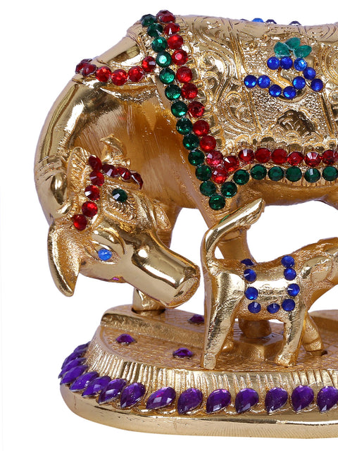 4" Mother Cow With Calf | Stone Decorated Gold Plated Brass Statue