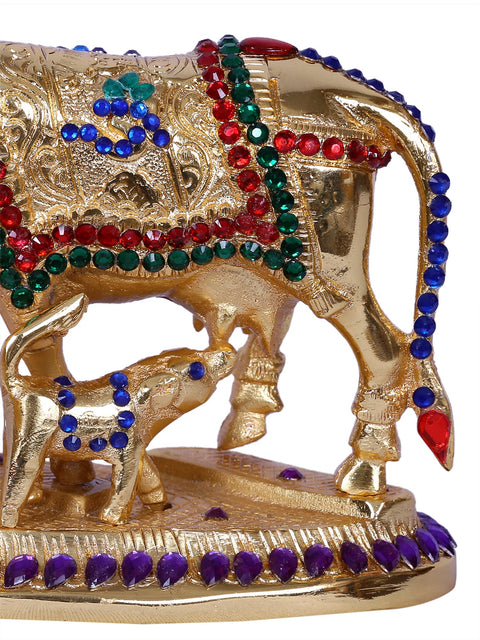 4" Mother Cow With Calf | Stone Decorated Gold Plated Brass Statue