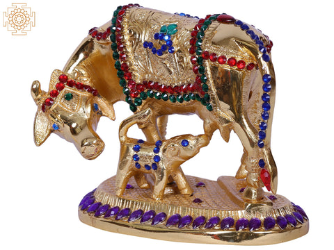 4" Mother Cow With Calf | Stone Decorated Gold Plated Brass Statue