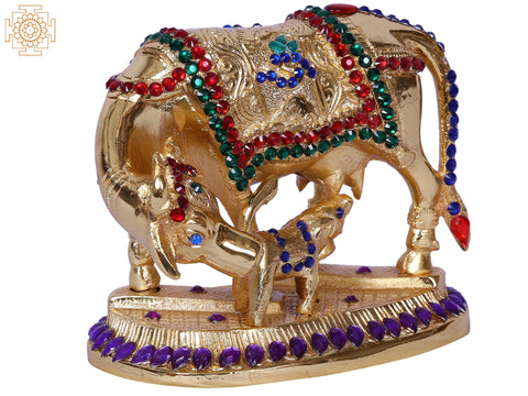 4" Mother Cow With Calf | Stone Decorated Gold Plated Brass Statue