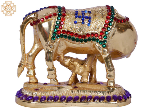 4" Mother Cow With Calf | Stone Decorated Gold Plated Brass Statue