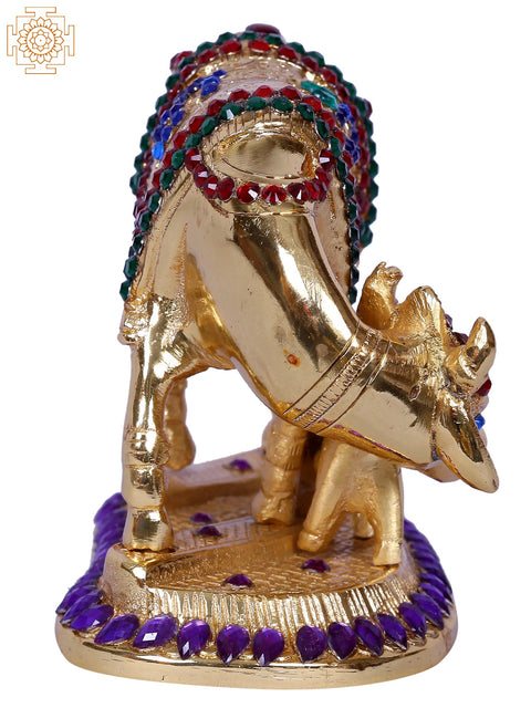4" Mother Cow With Calf | Stone Decorated Gold Plated Brass Statue
