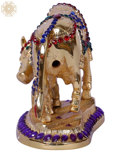 4" Mother Cow With Calf | Stone Decorated Gold Plated Brass Statue