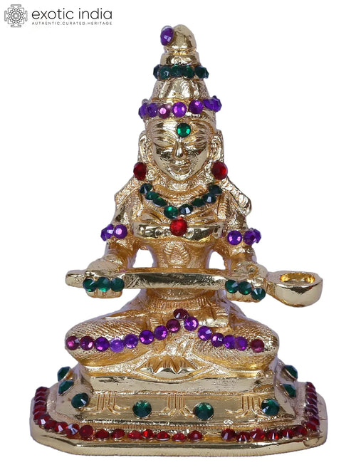 3" Goddess Annapurna Gold Plated Brass Statue with Stone Work