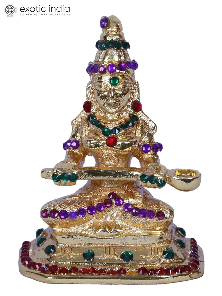 3" Goddess Annapurna Gold Plated Brass Statue with Stone Work