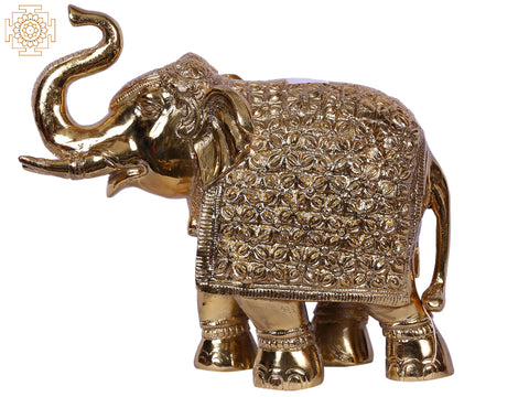 7'' Traditional Dressed Elephant Trunk Up | Gold-Plated Brass