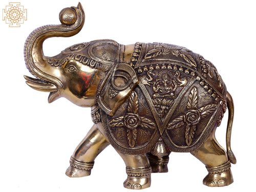 14" Gold-Plated Brass Elephant With Lakshmi Ganesha Statue