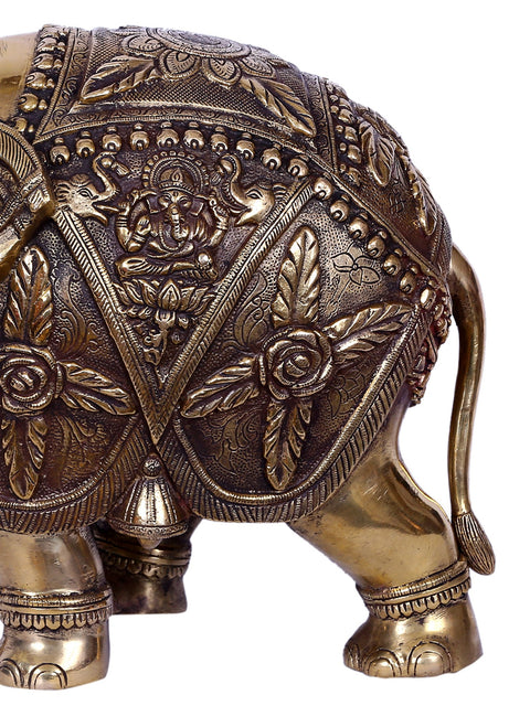 14'' Elephant With Lakshmi Ganesha Engraved | Gold-Plated Brass