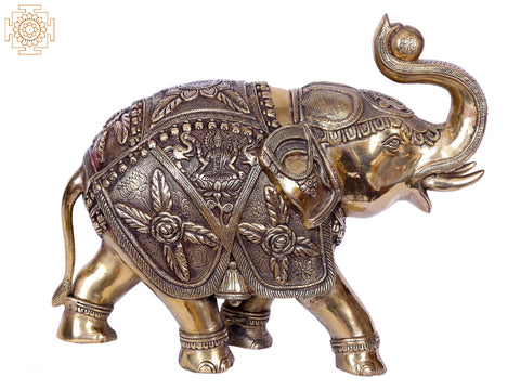 14'' Elephant With Lakshmi Ganesha Engraved | Gold-Plated Brass