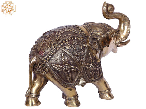 14'' Elephant With Lakshmi Ganesha Engraved | Gold-Plated Brass