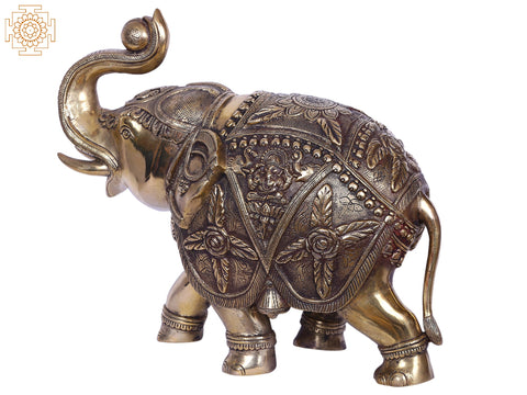 14'' Elephant With Lakshmi Ganesha Engraved | Gold-Plated Brass