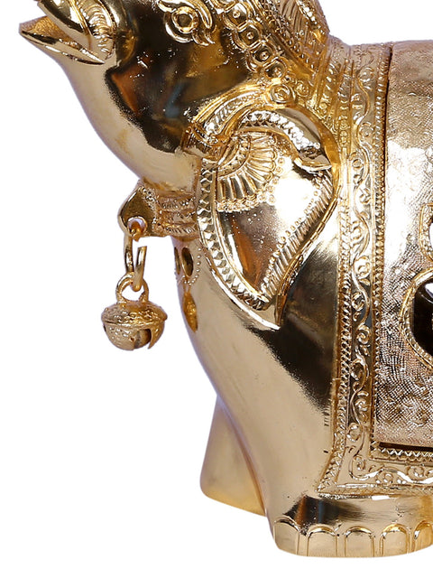 11'' Ganesha Engraved Elephant Statue Carrying Bell | Gold-Plated Brass Idol