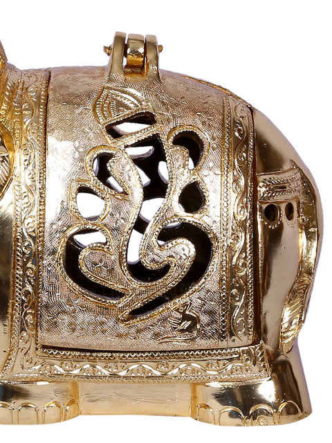 11'' Ganesha Engraved Elephant Statue Carrying Bell | Gold-Plated Brass Idol