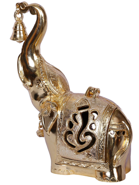 11'' Ganesha Engraved Elephant Statue Carrying Bell | Gold-Plated Brass Idol