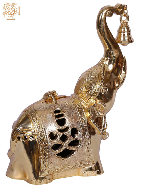 11'' Ganesha Engraved Elephant Statue Carrying Bell | Gold-Plated Brass Idol