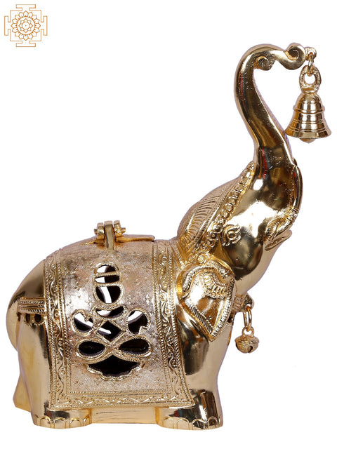 11'' Ganesha Engraved Elephant Statue Carrying Bell | Gold-Plated Brass Idol