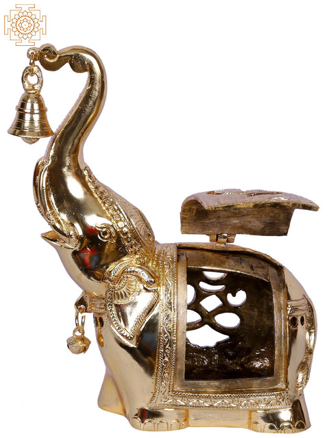 11'' Ganesha Engraved Elephant Statue Carrying Bell | Gold-Plated Brass Idol