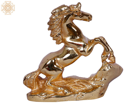 3'' Small Horse Figurine on Rock | Gold-Plated Brass Statue