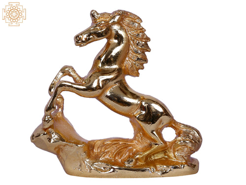 3'' Gold-Plated Brass Horse Figurine on Rock Statue